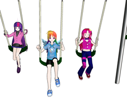 Size: 618x476 | Tagged: safe, artist:astridautumn, pinkie pie, rainbow dash, twilight sparkle, human, g4, 3d, converse, cute, humanized, shoes, simple background, swing set, trio