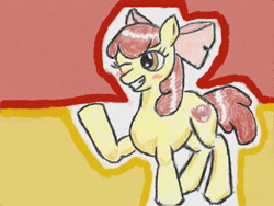 Size: 640x480 | Tagged: safe, artist:あすぐり, apple bloom, earth pony, pony, g4, blushing, female, filly, foal, grin, one eye closed, raised hoof, smiling, solo, wink
