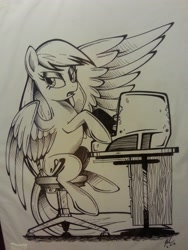Size: 2448x3264 | Tagged: artist needed, safe, oc, oc only, oc:tailwind, pegasus, pony, fallout equestria, fallout equestria: frozen skies, desk, fanfic art, female, high res, mare, open mouth, sitting, sketch, solo, terminal, typing, wings
