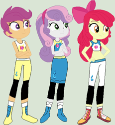 Size: 435x470 | Tagged: safe, artist:jadeharmony, apple bloom, scootaloo, sweetie belle, equestria girls, g4, crossover, cutie mark crusaders, exeron fighters, exeron outfit, martial arts kids, martial arts kids outfits, trio