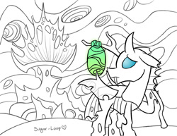 Size: 1024x792 | Tagged: safe, artist:sugar-loop, thorax, changeling, g4, bindle, chrysalis' throne, leaving, looking back, sad, solo