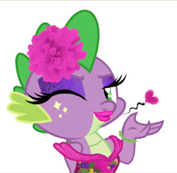 Size: 990x966 | Tagged: safe, artist:mylittlepastafarian, spike, dragon, g4, blowing a kiss, clothes, commission, crossdressing, dress, emerald flame (drag name), eyeshadow, fake eyelashes, femboy, femboy spike, floating heart, flower, flower in hair, heart, jewelry, lipstick, looking at you, makeup, male, one eye closed, profile picture, pun, simple background, solo, visual pun, wink, winking at you