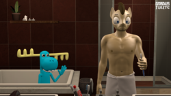 Size: 3413x1920 | Tagged: safe, artist:gradiusfanatic, doctor whooves, time turner, earth pony, moose, anthro, g4, 3d, bathroom, crossover, happy tree friends, lumpy (happy tree friends), male, male nipples, nipples, source filmmaker, towel
