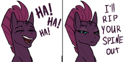 Size: 3000x1500 | Tagged: safe, artist:kirasunnight, tempest shadow, pony, unicorn, 2 panel comic, broken horn, comic, eye scar, eyes closed, female, haha no, high res, horn, laughing, mare, mood whiplash, open mouth, scar, simple background, solo, tempest shadow is not amused, that escalated quickly, threat, unamused, white background
