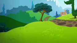 Size: 1280x720 | Tagged: safe, screencap, g4, season 5, slice of life (episode), background, hill, house, mountain, path, ponyville, scenery, scenic ponyville, tree