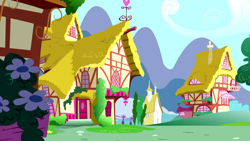 Size: 1280x720 | Tagged: safe, screencap, g4, season 5, slice of life (episode), background, cloud, flower, house, mountain, no pony, ponyville, scenic ponyville, tree