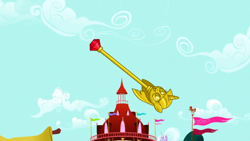 Size: 1280x720 | Tagged: safe, screencap, g4, slice of life (episode), background, cloud, flag, house, no pony, ponyville, ponyville town hall, scenic ponyville, scepter, tree, twilight scepter