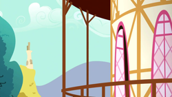 Size: 1280x720 | Tagged: safe, screencap, g4, season 5, slice of life (episode), background, cloud, hill, house, no pony, ponyville, ponyville town hall, scenic ponyville, tree, window