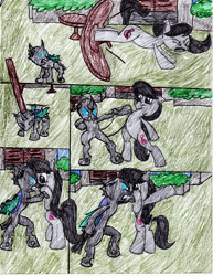 Size: 2549x3299 | Tagged: safe, artist:l9obl, octavia melody, changeling, earth pony, pony, once upon a time in canterlot, g4, angry, badass, block, buck, dodge, eyes closed, fight, high res, kicking, table