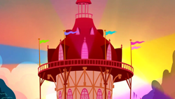Size: 1280x720 | Tagged: safe, screencap, g4, season 5, slice of life (episode), background, cloud, flag, light, no pony, palindrome get, ponyville, ponyville town hall, scenic ponyville, sunset, tree