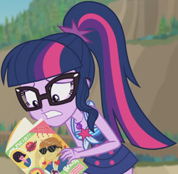 Size: 1380x1355 | Tagged: safe, screencap, feather bangs, sci-twi, twilight sparkle, equestria girls, equestria girls series, friendship math, g4, clothes, cropped, female, geode of telekinesis, glasses, magazine, magical geodes, one-piece swimsuit, ponytail, sci-twi swimsuit, shrunken pupils, sleeveless, solo, swimsuit