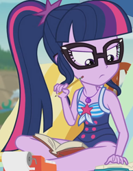 Size: 1312x1687 | Tagged: safe, screencap, sci-twi, twilight sparkle, equestria girls, friendship math, g4, my little pony equestria girls: better together, adding machine, beach chair, chair, clothes, cropped, female, geode of telekinesis, glasses, magical geodes, one-piece swimsuit, pencil, ponytail, sci-twi swimsuit, sleeveless, solo, swimsuit