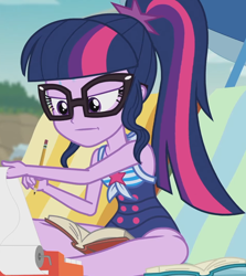 Size: 1508x1687 | Tagged: safe, screencap, sci-twi, twilight sparkle, equestria girls, equestria girls series, friendship math, g4, adding machine, beach chair, chair, clothes, cropped, female, geode of telekinesis, glasses, magical geodes, one-piece swimsuit, pencil, ponytail, sci-twi swimsuit, sleeveless, solo, swimsuit