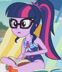 Size: 1468x1687 | Tagged: safe, screencap, sci-twi, twilight sparkle, equestria girls, friendship math, g4, my little pony equestria girls: better together, adding machine, beach chair, chair, clothes, cropped, female, geode of telekinesis, glasses, magical geodes, one-piece swimsuit, ponytail, sci-twi swimsuit, sleeveless, solo, swimsuit