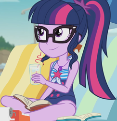 Size: 1640x1687 | Tagged: safe, screencap, sci-twi, twilight sparkle, equestria girls, friendship math, g4, my little pony equestria girls: better together, adding machine, beach chair, chair, clothes, cropped, female, geode of telekinesis, glasses, juice, lemonade, magical geodes, one-piece swimsuit, ponytail, sci-twi swimsuit, sleeveless, solo, swimsuit