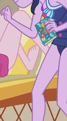 Size: 940x1689 | Tagged: safe, screencap, pinkie pie, sci-twi, twilight sparkle, equestria girls, equestria girls series, friendship math, g4, book, clothes, cropped, female, geode of telekinesis, magical geodes, one-piece swimsuit, ponytail, sci-twi swimsuit, sleeveless, swimsuit