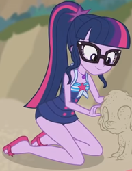 Size: 982x1271 | Tagged: safe, screencap, sci-twi, spike, spike the regular dog, twilight sparkle, dog, equestria girls, g4, my little pony equestria girls: better together, x marks the spot, beach, clothes, cropped, flip-flops, geode of telekinesis, glasses, magical geodes, ponytail, sandals, sci-twi swimsuit, sleeveless, swimsuit