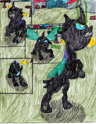 Size: 2549x3299 | Tagged: safe, artist:l9obl, changeling, once upon a time in canterlot, angry, bipedal, comic, high res, hissing, magic