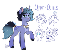 Size: 2159x1911 | Tagged: safe, artist:moccabliss, oc, oc only, oc:quincy quills, bird, owl, pony, unicorn, book, curved horn, horn, magic, male, solo, stallion