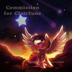 Size: 900x900 | Tagged: safe, artist:phuijl, oc, oc:apollo heart, pegasus, pony, commission, looking up, open mouth, pegasus oc, sitting, stars, twilight (astronomy)