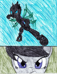 Size: 2549x3299 | Tagged: safe, artist:l9obl, octavia melody, changeling, earth pony, pony, once upon a time in canterlot, g4, angry, badass, comic, female, fight, flying kick, glare, high res, kick, male