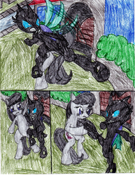 Size: 2549x3299 | Tagged: safe, artist:l9obl, octavia melody, changeling, earth pony, pony, once upon a time in canterlot, g4, angry, badass, bipedal, block, comic, dodge, female, fight, flying kick, high res, kick, male