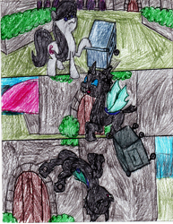 Size: 2549x3299 | Tagged: safe, artist:l9obl, octavia melody, changeling, earth pony, pony, once upon a time in canterlot, g4, badass, cart, comic, day, female, fight, high res, male, mare, traditional art
