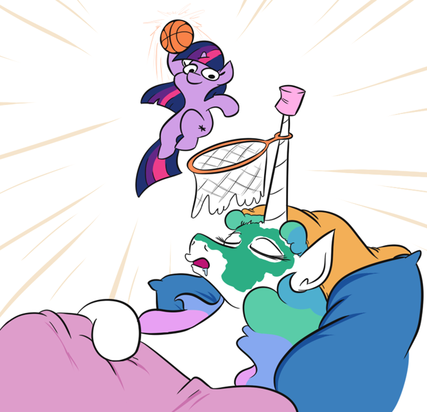 Size: 857x828 | Tagged: safe, artist:jargon scott, princess celestia, twilight sparkle, alicorn, pony, unicorn, basketball, basketball hoop, bed, drool, duo, featured image, female, filly, filly twilight sparkle, get dunked on, hat, horn, horn guard, horn impalement, mare, moments before disaster, mud mask, nightcap, open mouth, pillow, simple background, sleeping, sports, squatpony, this will end in a trip to the moon, this will end in tears, this will end well, twiggie, unicorn twilight, white background, younger