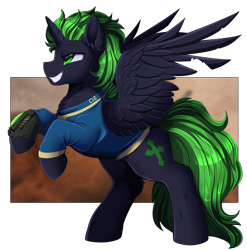 Size: 3309x3350 | Tagged: safe, artist:pridark, oc, oc only, oc:ali, alicorn, pony, alicorn oc, clothes, cutie mark, fallout, grin, high res, horn, male, patreon, patreon reward, pipbuck, smiling, solo, stallion, video game crossover, wings