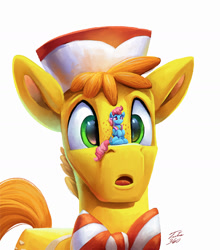 Size: 1500x1701 | Tagged: safe, artist:tsitra360, carrot cake, cup cake, earth pony, pony, g4, cross-eyed, duo, female, freckles, giant pony, husband and wife, macro, male, mare, micro, open mouth, simple background, size difference, stallion, white background