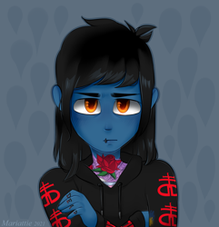 Size: 2251x2335 | Tagged: safe, artist:mariattie, equestria girls, g4, abstract background, bring me the horizon, bust, clothes, commission, drop dead clothing, equestria girls-ified, frown, high res, hoodie, lip piercing, looking at you, male, oliver sykes, piercing, shirt, solo, tattoo, undershirt, ych result