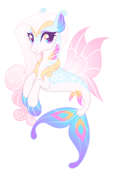 Size: 2346x3492 | Tagged: safe, artist:themajesticeye, oc, oc only, seapony (g4), adoptable, auction, blue tail, dorsal fin, eyelashes, female, fin wings, fish tail, flowing mane, flowing tail, high res, jewelry, looking at you, pink mane, regalia, simple background, smiling, solo, tail, white background, wings