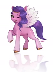 Size: 1492x2021 | Tagged: safe, artist:u_lu_lu, pipp petals, pegasus, pony, g5, adorapipp, cute, feather, female, looking at you, mare, one eye closed, open mouth, raised hoof, reflection, simple background, solo, unshorn fetlocks, white background