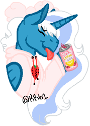 Size: 271x379 | Tagged: safe, artist:kitkatbug1, oc, oc:fleurbelle, alicorn, pony, alicorn oc, bow, clothes, female, food, hair bow, holding, hoodie, horn, mare, soda, soda can, strawberry, tongue out, wings
