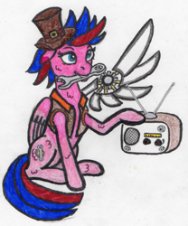 Size: 461x555 | Tagged: safe, artist:superdwarf3000, oc, oc only, pony, amputee, artificial wings, augmented, hat, prosthetic limb, prosthetic wing, prosthetics, radio, solo, steampunk, top hat, wings, wrench