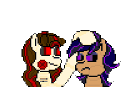 Size: 600x420 | Tagged: safe, artist:nukepony360, oc, oc only, oc:nightglow, oc:vocal pitch, android, pony, robot, animated, biting, female, pixel art, screaming, siblings, simple background, sisters, transparent background