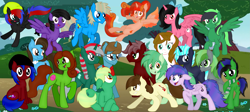 Size: 3661x1638 | Tagged: safe, artist:greynimbus, oc, oc:bella voce, oc:chaoticseven, oc:cyrilthewolf, oc:dawillstanator, oc:decibelle, oc:forest rain, oc:goombasa, oc:itsannachloem, oc:lupi, oc:nowacking, oc:pegasus pitch, oc:purple roselyn, oc:rina-chan, oc:shadowring123, oc:starryflame, oc:vanna melon, oc:warriorcatcloudtail5, alicorn, earth pony, pegasus, pony, unicorn, banner, female, male, rina-chan