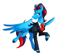 Size: 3328x3140 | Tagged: safe, artist:luximus17, oc, oc only, oc:andrew swiftwing, pegasus, pony, clothes, high res, male, necktie, pose, smiling, smirk, spread wings, stallion, suit, wings