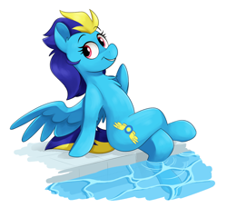 Size: 3453x3162 | Tagged: safe, artist:luximus17, oc, oc only, oc:blue angel, pegasus, pony, female, high res, mare, poolside, smiling, spread wings, wings