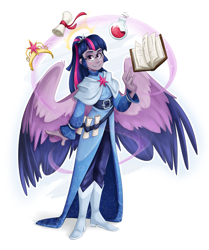 Size: 3041x3636 | Tagged: safe, artist:luximus17, twilight sparkle, aasimar, alicorn, human, g4, aasimarified, big crown thingy, book, dungeons and dragons, element of magic, female, flask, glasses, high res, humanized, jewelry, levitation, magic, pen and paper rpg, potion, regalia, rpg, scroll, solo, telekinesis, twilight sparkle (alicorn), winged humanization, wings, wizard
