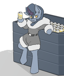 Size: 3508x4134 | Tagged: safe, artist:sneetymist, oc, oc only, oc:winter peak, kirin, alcohol, beer, beer can, belt, bipedal, bipedal leaning, clothes, crate, drink, female, fluffy, fur coat, fur collar, jacket, kirin beer, leaning, looking at you, no pupils, no tail, parka, simple background, smiling, smirk, solo, uniform, winter outfit
