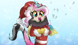 Size: 700x400 | Tagged: safe, artist:pizza lord, oc, oc:ulysses, draconequus, hybrid, caroling, christmas, clothes, hat, hearts warming day, holiday, interspecies offspring, music notes, offspring, parent:discord, parent:fluttershy, parents:discoshy, santa hat, singing, winter, winter outfit, young