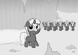 Size: 2996x2120 | Tagged: safe, artist:heretichesh, oc, oc only, oc:s.leech, pony, unicorn, bald face, black and white, blank flank, blaze (coat marking), cave, coat markings, cute, facial markings, female, filly, grayscale, high res, mirror pool, monochrome, multeity, ocbetes, wet
