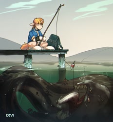 Size: 1938x2088 | Tagged: safe, artist:devi_shade, oc, oc only, pony, unicorn, fallout equestria, backpack, clothes, fishing rod, jumpsuit, monster, pier, pipbuck, solo, this will not end well, vault suit, water