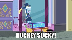 Size: 888x499 | Tagged: safe, edit, edited screencap, screencap, spike, spike the regular dog, trixie, dog, equestria girls, g4, my little pony equestria girls: better together, street magic with trixie, caption, dexter's laboratory, image macro, text
