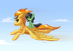 Size: 3508x2480 | Tagged: safe, artist:dandy, spitfire, oc, oc:filly anon, earth pony, pegasus, pony, g4, anon riding spitfire, duo, female, filly, flying, goggles on head, high res, open mouth, riding, sky, wings