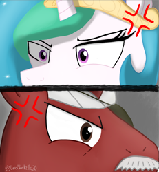 Size: 2794x3024 | Tagged: safe, artist:lordshrekzilla20, princess celestia, oc, oc:onix star, fanfic:godzilla:clash of the titans, g4, cross-popping veins, eye contact, fanfic art, glare, high res, looking at each other