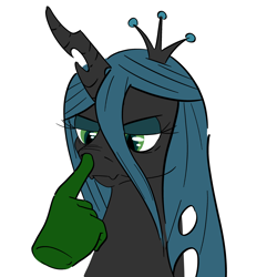 Size: 3000x3000 | Tagged: source needed, safe, artist:spagootispootis, queen chrysalis, changeling, changeling queen, g4, angry, annoyed, boop, crown, disembodied hand, female, grump, hand, high res, jewelry, regalia