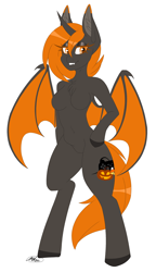 Size: 2104x3645 | Tagged: safe, artist:melodytheartpony, oc, bat pony, anthro, arm hooves, breasts, cute, female, fluffy, halloween, high res, holiday, horn, simple background, smiling, solo, white background