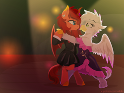 Size: 1600x1200 | Tagged: safe, artist:willoillo, oc, oc only, griffon, kirin, pony, clothes, commission, dancing, dress, griffon oc, kirin oc, looking at each other, romantic